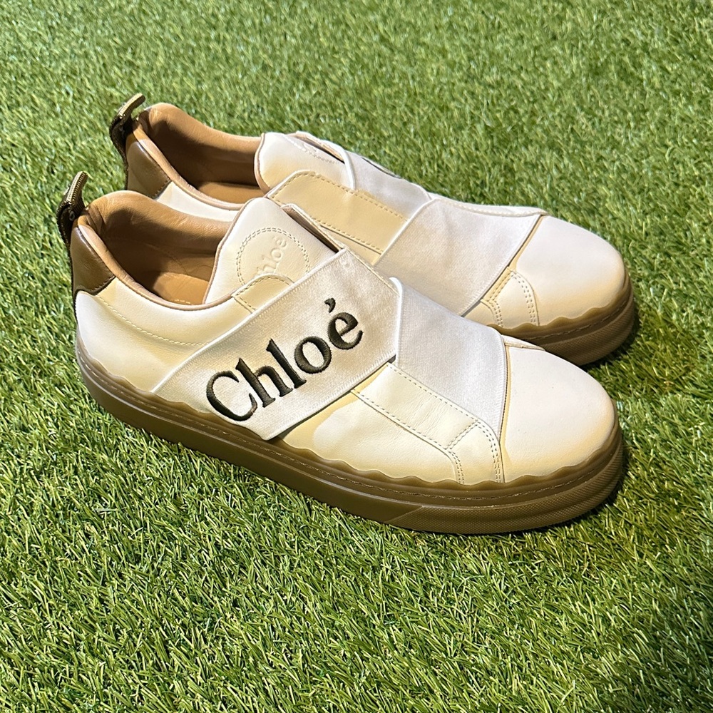 NEW Chloé “Lauren” White and Olive Green Brown Sneakers NWOB 38 EU 7.5-8 US
